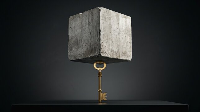 Pivotal Support A Heavy Concrete Cube Precariously Balanced on a Golden Key, Symbolizing Critical Foundations, Strategic Vulnerability, and the Essence of Problem Solving