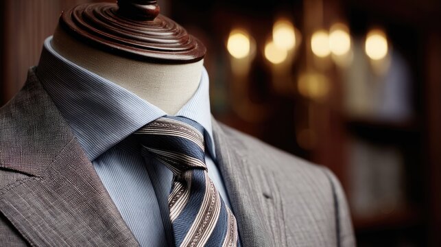 A tailored suit on a mannequin with striped tie and light blue shirt