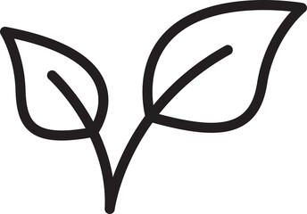 Simple black and white line art icon of two leaves isolated on transparent background © kalam