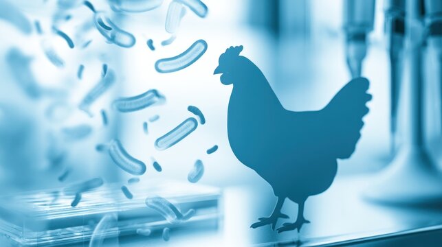 Silhouette of chicken with abstract bacteria representation in laboratory setting, blue tones