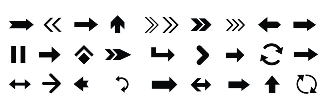 Arrow icon set with various directional indicators, navigation symbols, pointer graphics, movement and guidance elements for digital applications, vector illustration, vector, designs