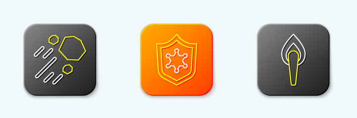 Set line Flying stone, Police badge and Torch flame icon. Vector © Kostiantyn