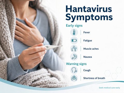 Woman holding thermometer with Hantavirus symptoms infographic. Medical educational chart showing fever, fatigue, muscle ache, nausea, cough and shortness of breath for disease awareness.