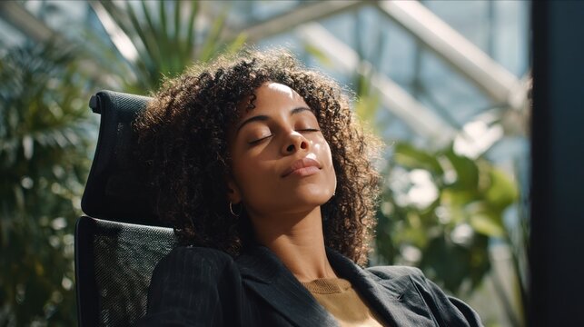 African American woman with curly hair relaxes in ergonomic chair surrounded by indoor plants