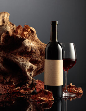 Bottle of red wine with old empty label.