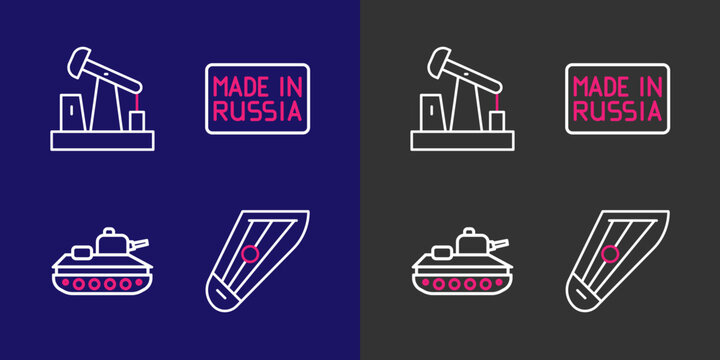 Set line Kankles, Military tank, Made in Russia and Oil pump or pump jack icon. Vector