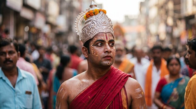 A man dressed as the Hindu deity Lord Rama, wearing a silver crown and traditional makeup, walks through a crowded religious procession in India.