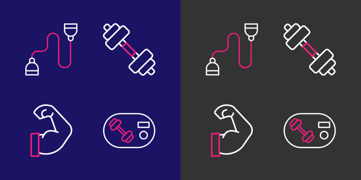 Set line Fitness club, gym card, Bodybuilder muscle, Dumbbell and Chest expander icon. Vector