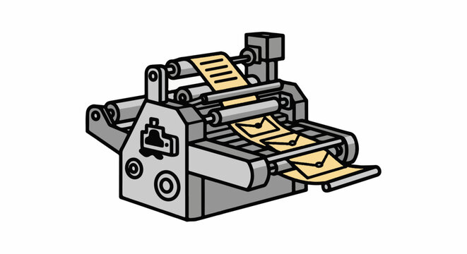An isometric illustration depicts a mail processing machine folding and sealing envelopes on a conveyor belt