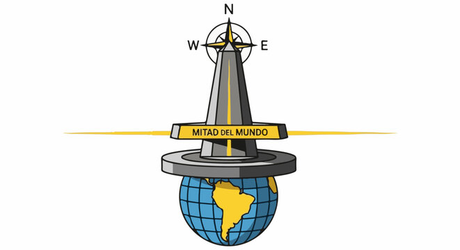 Monument at the equator with globe, compass, and yellow bands