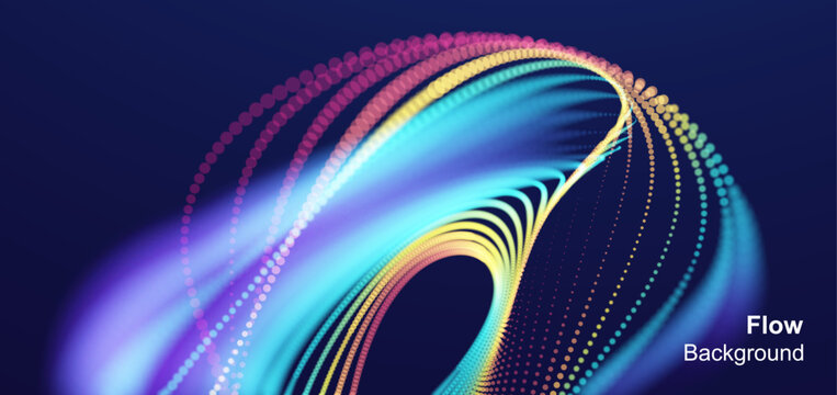 A structure consisting of multiple particles moving along a trajectory. Motion and glow effects. Color gradient. Digital background. 3D illustration for brochure, poster, cover, presentation or banner