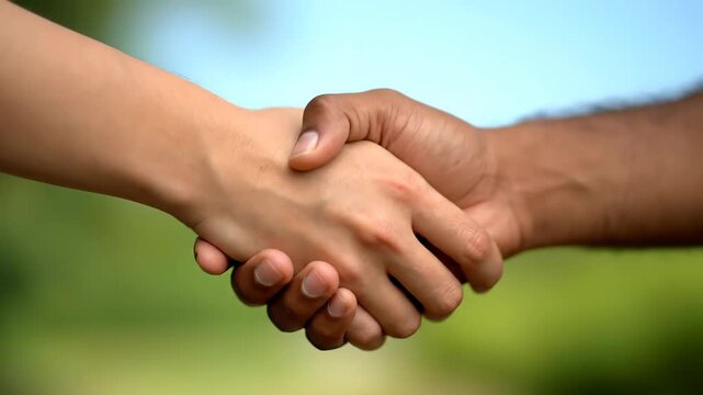 Close-up of two people shaking hands outdoors, handshake cooperation