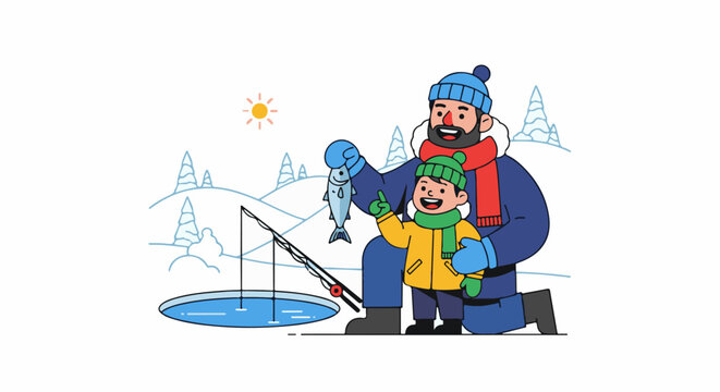 Father and son ice fishing on a sunny winter day, proudly showing a caught fish