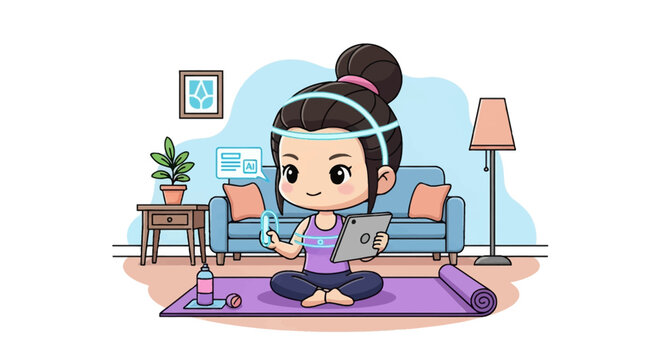 Chibi style girl sitting on a purple yoga mat in a living room, wearing futuristic AI motion tracking sensors and headband while using a digital tablet for smart home fitness.