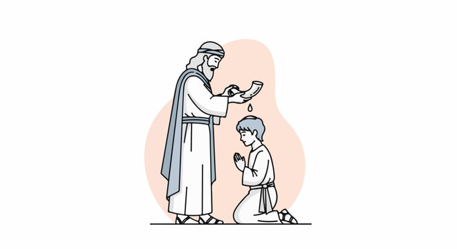 A religious figure anoints a kneeling boy with liquid from a horn, symbolizing a sacred ceremony