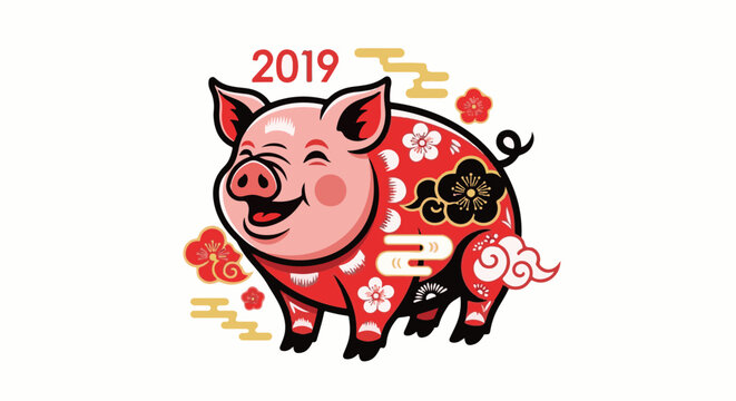 Festive pink pig with floral patterns and 2019 text on white background