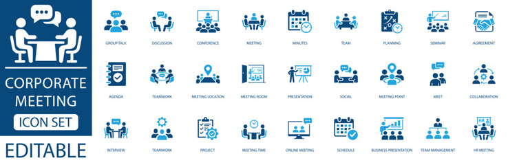 Corporate meeting icon set. featuring for meeting, Corporate training, planning, teamwork, and online collaboration. © ICONIC_FLOW