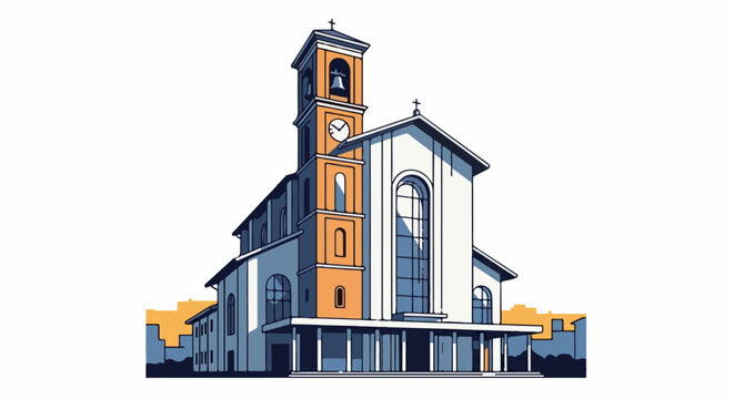 Stylized illustration of a church with a prominent bell tower, clock, and arched windows