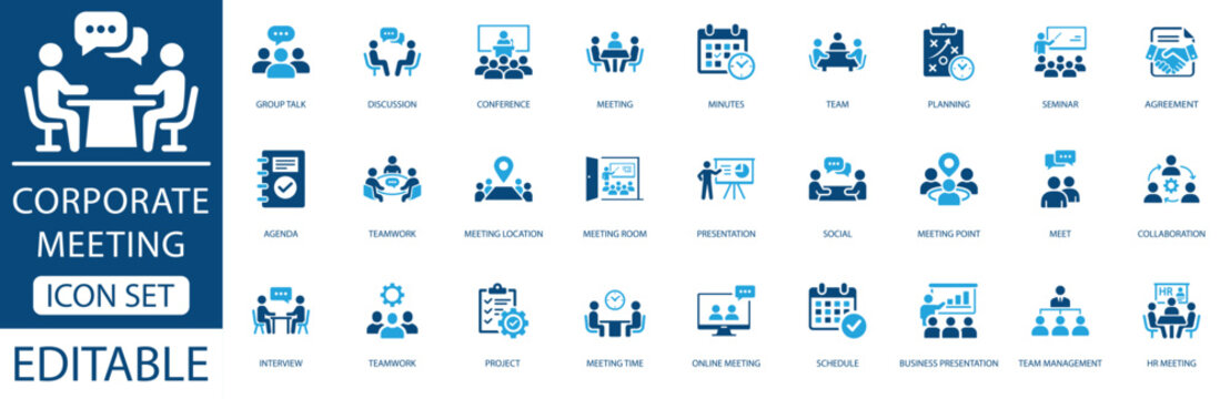 Corporate meeting icon set. featuring for meeting, Corporate training, planning, teamwork, and online collaboration.