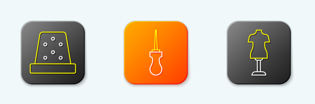 Set line Thimble for sewing, Awl tool and Mannequin icon. Vector