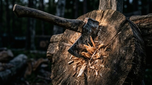 Axe stuck in tree stump on International Axe Throwing Day