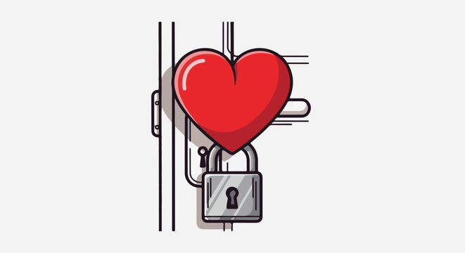 A stylized red heart is locked with a padlock attached to a vertical bar