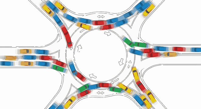 Stylized overhead view of a traffic circle with colorful cars moving