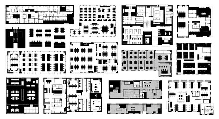 Fototapeta premium Corporate Headquarters Floor Plan Vector Pack Modern Office Layouts and Workspace Blueprints