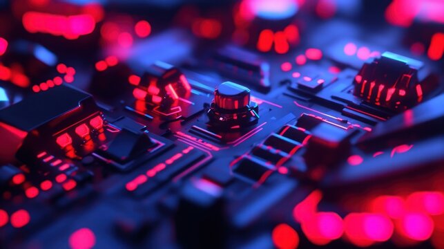 Close-up of a complex electronic circuit board with vibrant red and blue neon lights.