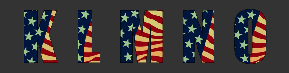 Fototapeta premium Vector font on background of national flag of usa. Set of letters of english alphabet with american pattern of stars and stripes for clothing, fabric, textile, paper, inscription on t-shirt.