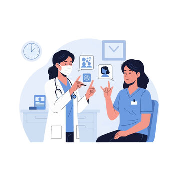 Vector illustration of a female doctor in a mask and white coat using sign language to communicate with a female nurse in blue scrubs within a clinic or hospital office setting.