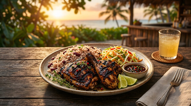 Grilled Jamaican jerk chicken plate with tropical sunset background