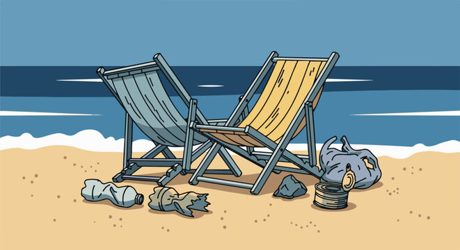 Two empty beach chairs sit on a sandy shore, surrounded by scattered litter including bottles, a can, and a crumpled bag