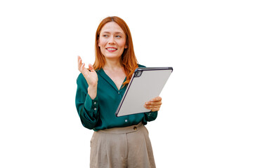 Fototapeta premium Woman with red hair smiling and holding a tablet, engaging in discussion, presenting ideas, or thinking creatively