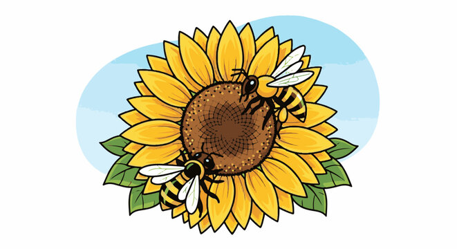 Two bees collect nectar from a large sunflower against a light blue sky backdrop