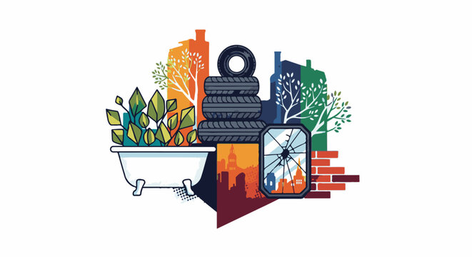 Stylized urban scene with plants, tires, and a broken window