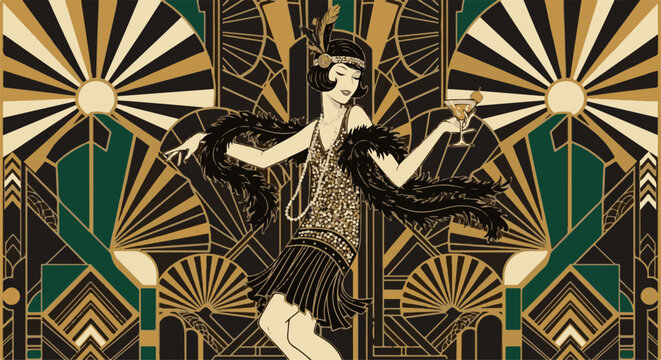 Art deco woman in sequined dress, holding cocktail, against geometric background