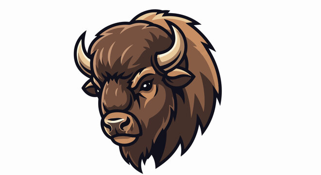 A stylized brown bison head with dark outlines and mane