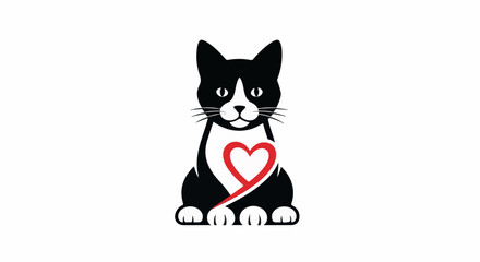 Fototapeta premium A black and white cat with a red heart emblem on its chest, sitting patiently