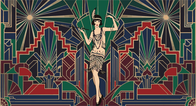 A stylish flapper dances in a dazzling geometric art deco background