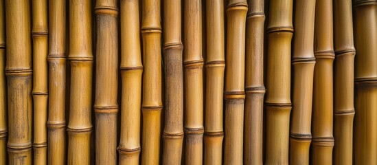 Fototapeta premium A close-up view of bamboo stalks arranged vertically. The bamboo is light brown and yellow, showcasing a natural texture and pattern.