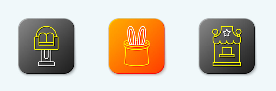 Set line Attraction carousel, Magician hat and rabbit ears and Ticket box office icon. Vector