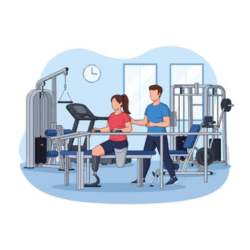 Vector illustration of a woman with a prosthetic leg training in a gym with a male therapist, including rehabilitation equipment, weight machines, and parallel bars in a clinic.