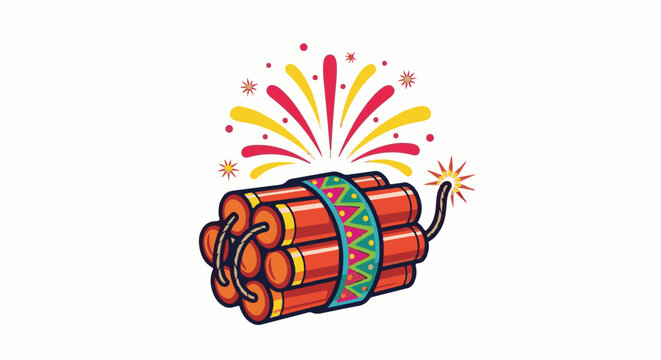 A bundle of red dynamite sticks with a decorative band and colorful fireworks
