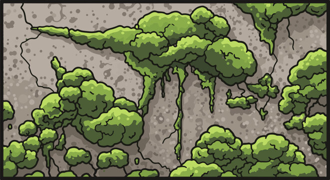Pixel art depicting lush green moss clinging to a textured grey surface with cracks and small details