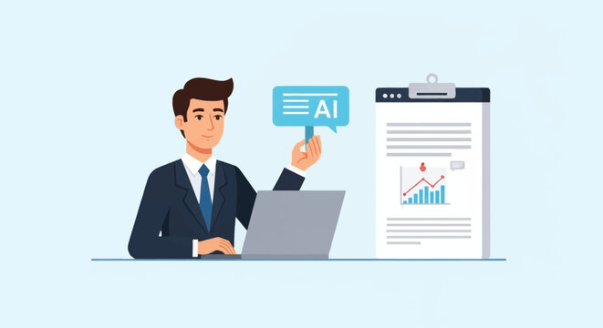 Flat vector illustration of a professional businessman in a suit using a laptop and artificial intelligence to generate a data report with a growth chart and bar graph.
