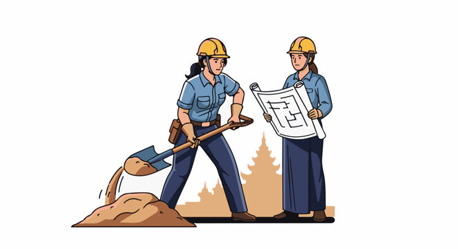 Two female builders, one digging and one reviewing blueprints, stand near trees