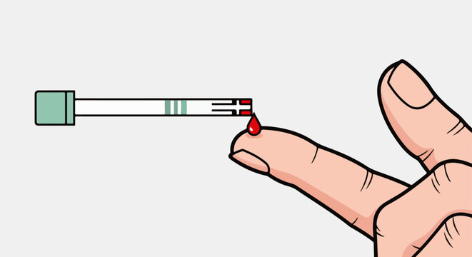 A hand pricks a finger with a lancet, and a drop of blood appears, ready for testing