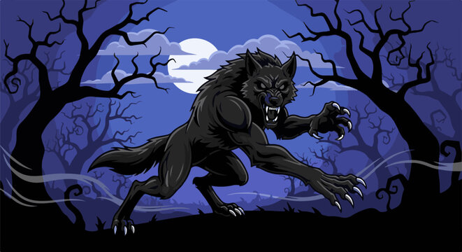 A menacing black werewolf prowls through a spooky, moonlit forest with bare trees