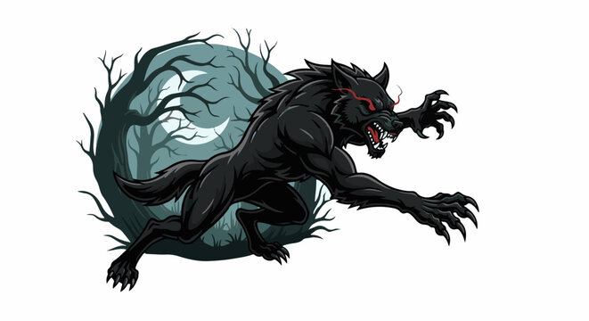 Terrifying pixelated werewolf with glowing red eyes prowls through a dark, moonlit forest